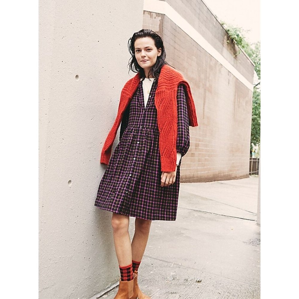 Madewell Plaid Flannel Raglan Button-Front Shirtdress Mini‎ Dress Black Pink 4 - Picture 4 of 9